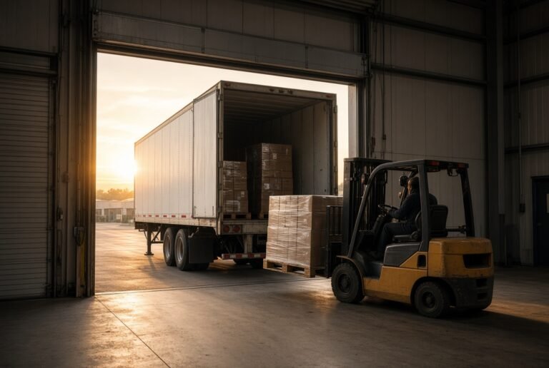 Forklift unloading pallets from a semi trailer at a receiving dock, goods delivered to a US importer whose supplier acts as Importer of Record