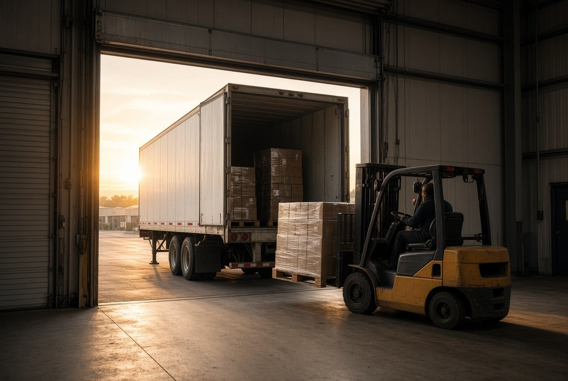 Forklift unloading pallets from a semi trailer at a receiving dock, goods delivered to a US importer whose supplier acts as Importer of Record