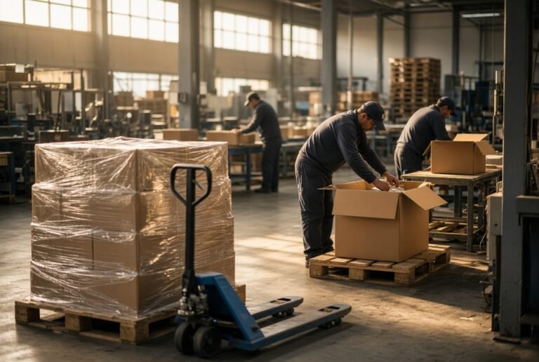 Workers packing cartons on a factory floor beside a shrink-wrapped pallet, goods a foreign manufacturer exports to United States buyers