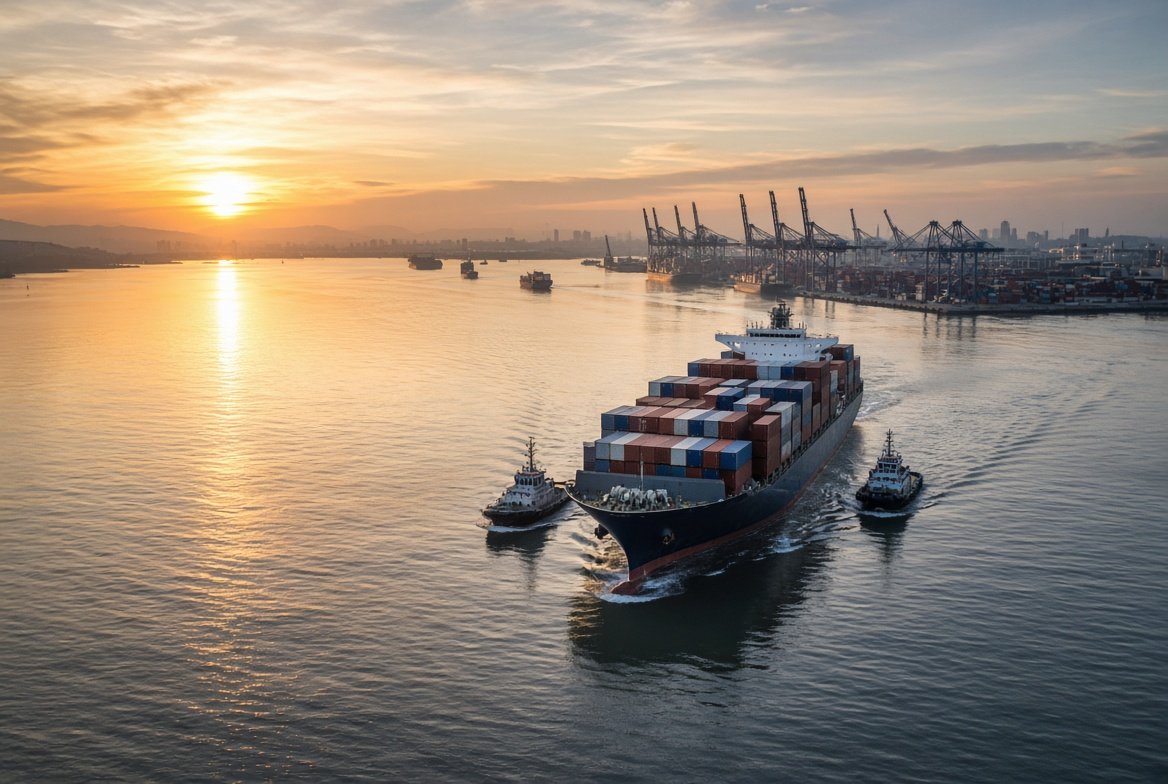 Container ship with tugboats entering a port at sunrise, cargo that needs a United States Importer of Record