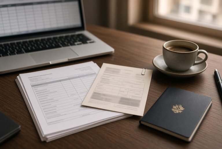 Commercial invoices, a passport, and a laptop on a desk, the paperwork a nonresident importer handles for United States entry