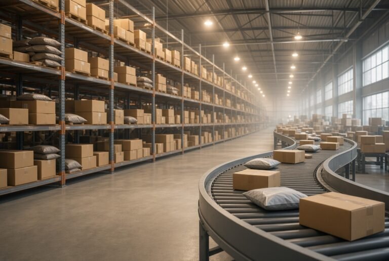 Parcels on a conveyor and warehouse shelving in a fulfillment center, inventory an overseas ecommerce seller imports into the United States